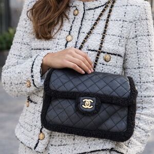 CHANEL BLACK SHEARLING MUFF FLAP BAG